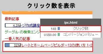 マウスカーソルをリンクに合わせるとクリック数を表示