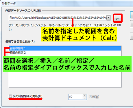外部データダイアログボックス