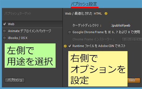 パブリッシュ設定ダイアログボックス