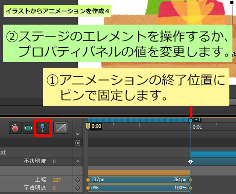 ピンを使用してキーフレームを追加