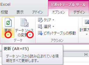 ピボットテーブルツール オプションタブのデータ