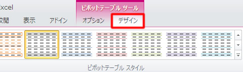 ピボットテーブルツールのデザインタブ