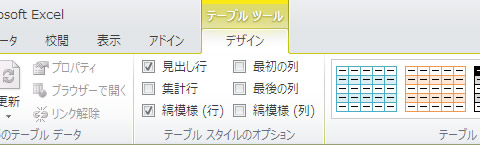エクセル 2010 テーブルツールのデザインタブ