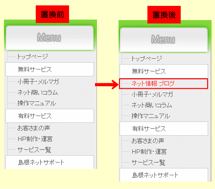 置換前のメインメニューと置換後のメインメニュー