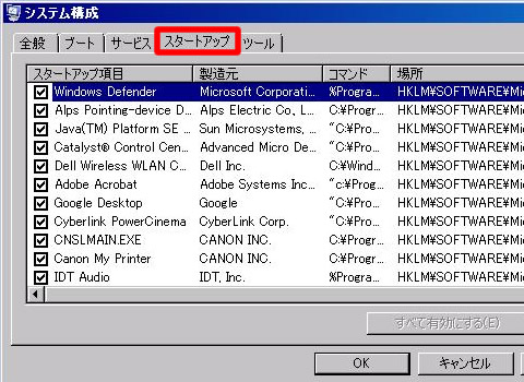 msconfig（システム構成）のスタートアップタブ