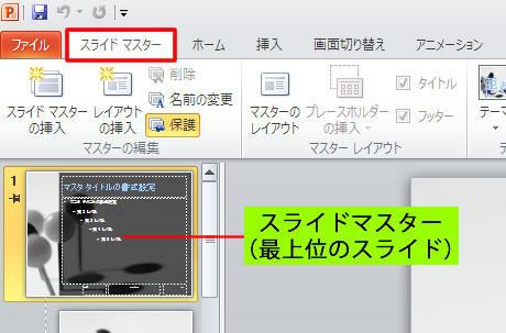 パワーポイントのスライドマスタータブ