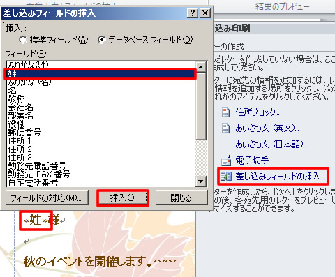 差し込みフィールドの挿入